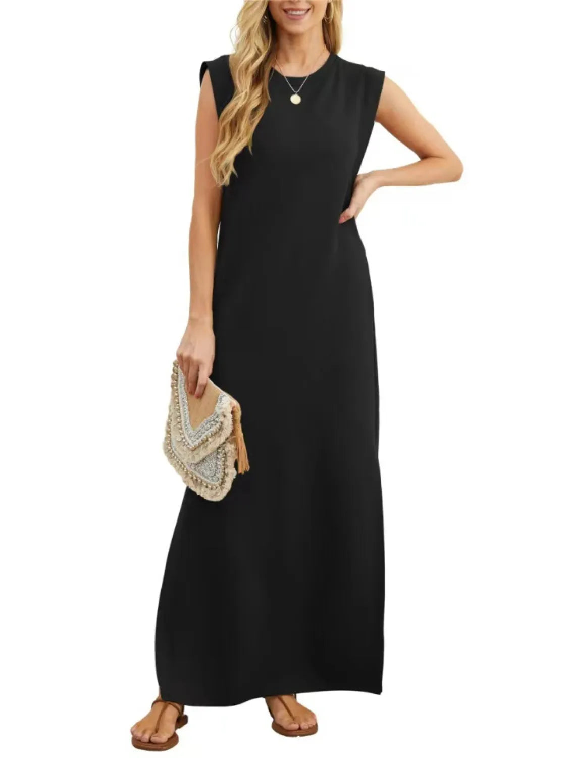 Full Size Slit Round Neck Sleeveless Maxi Tank Dress Plus Size Fitggins