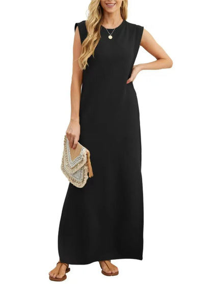 Full Size Slit Round Neck Sleeveless Maxi Tank Dress Plus Size Fitggins