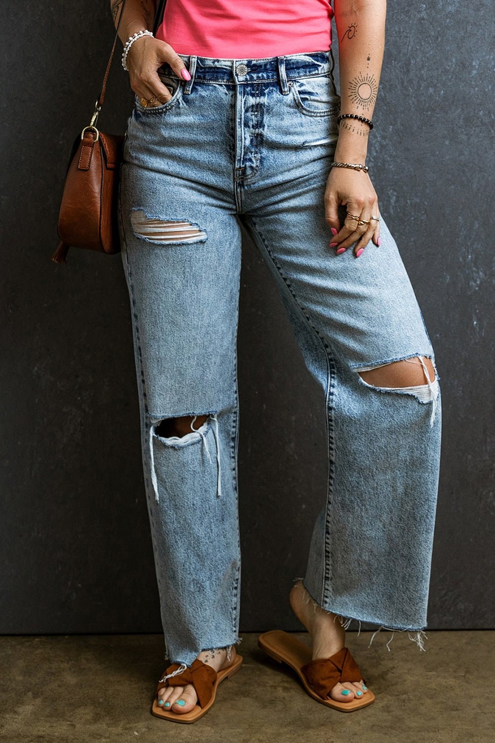 Distressed Raw Hem Straight Jeans - Jeans - FITGGINS