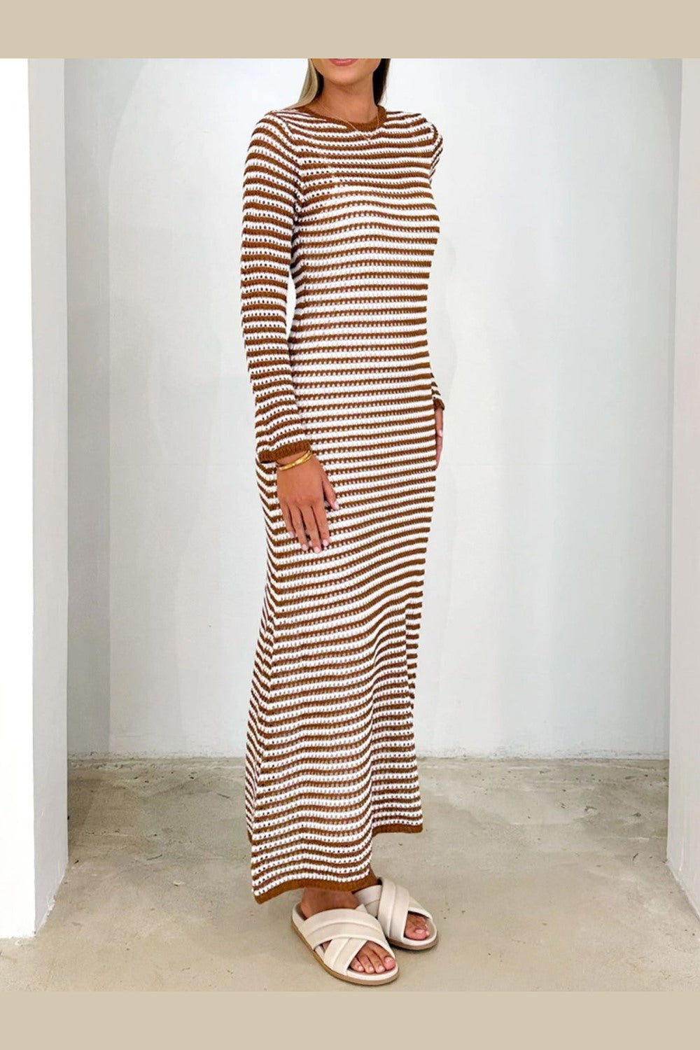 Devine Tied Round Neck Striped Sweater Dress - Sweater Dresses - FITGGINS