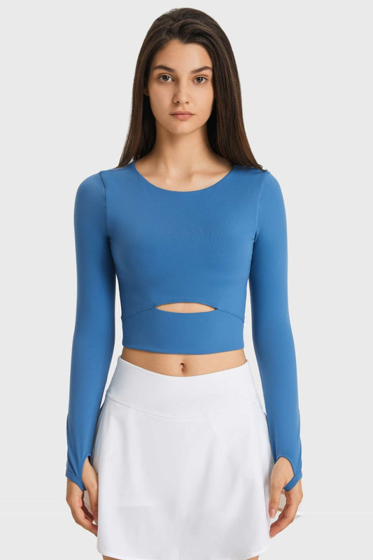 Millennia Cutout Long Sleeve Cropped Sports Top Blue Fitggins