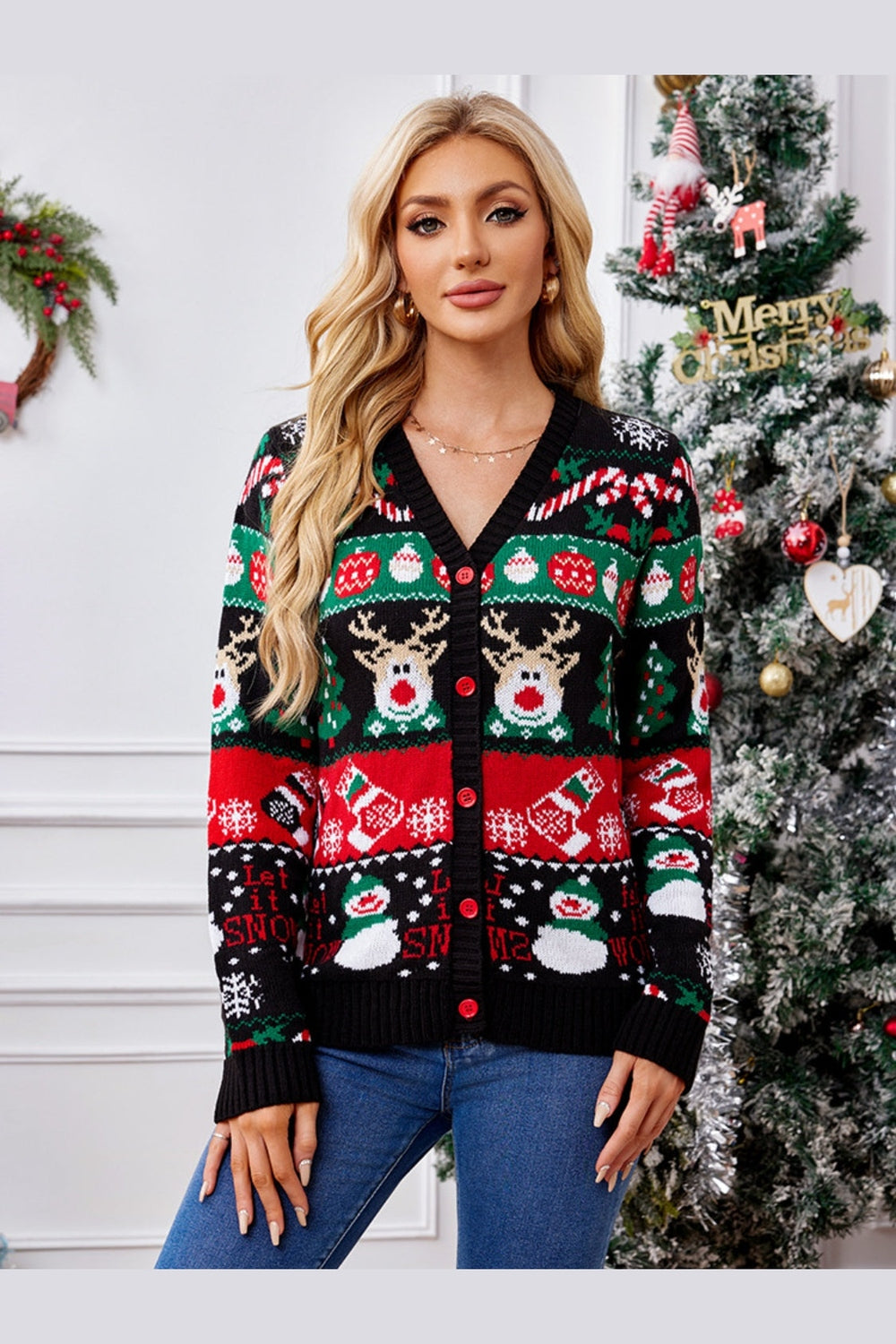 Reindeer Button Up Long Sleeve Cardigan - Cardigans - FITGGINS