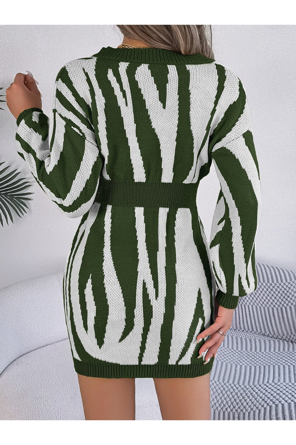 Animal Print V-Neck Long Sleeve Sweater Dress - Sweater Dresses - FITGGINS