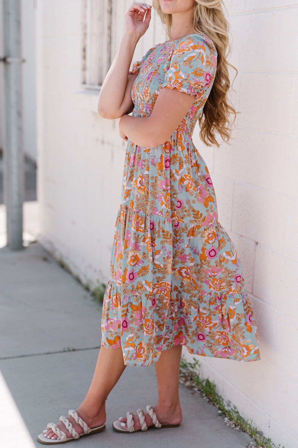 Floral Flounce Sleeve Round Neck Midi Dress - Casual & Maxi Dresses - FITGGINS