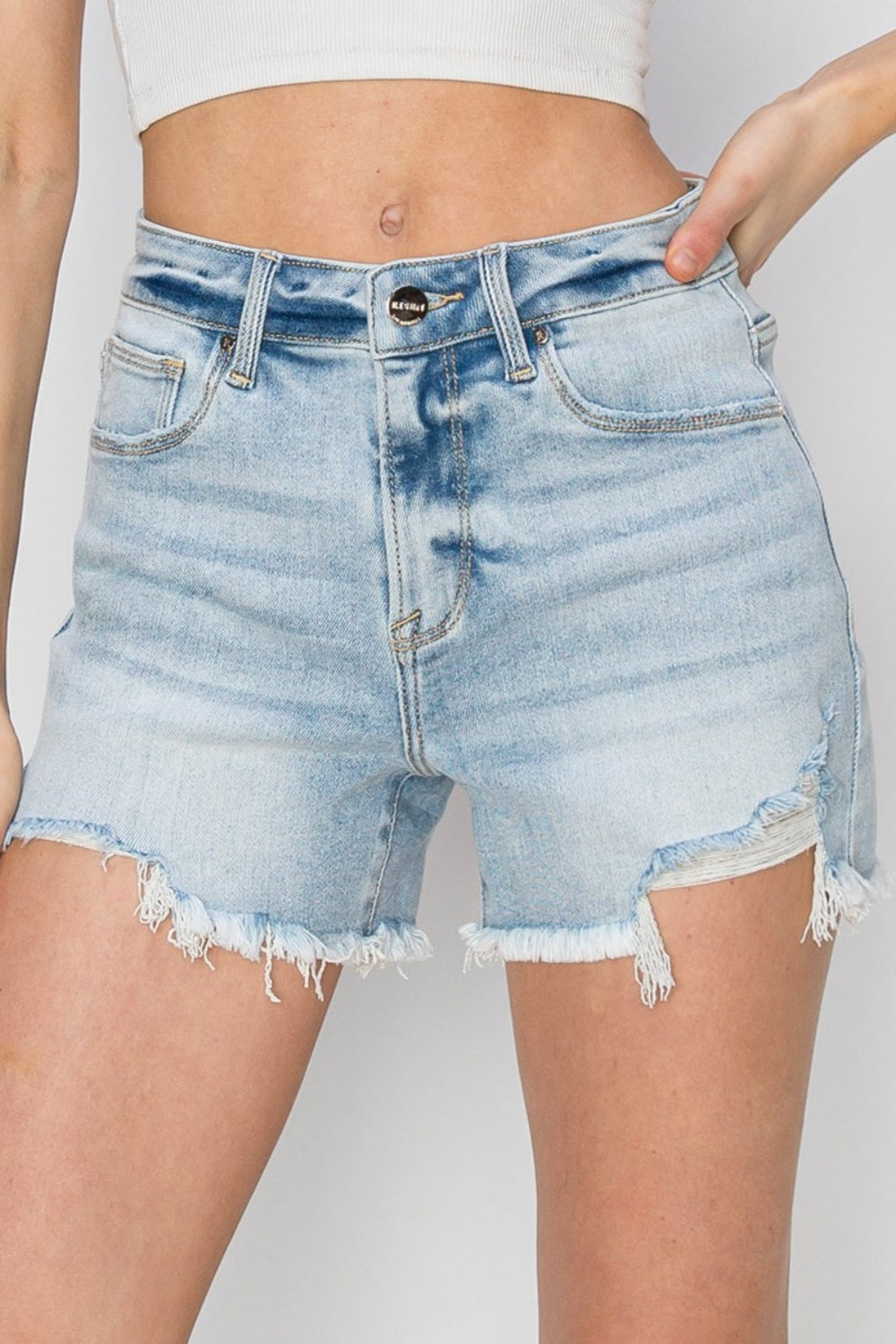 RISEN High Waist Frayed Detail Denim Shorts - Denim Shorts - FITGGINS