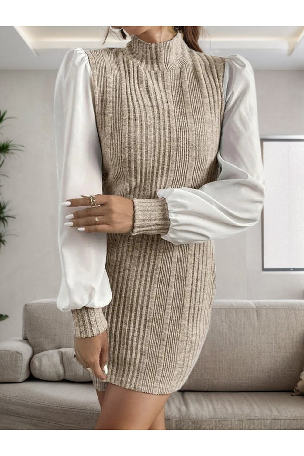 Ribbed Contrast Long Sleeve Sweater Dress - Sweater Dresses - FITGGINS