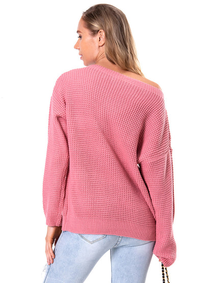 Boat Neck Drop Shoulder Long Sleeve Sweater Fitggins