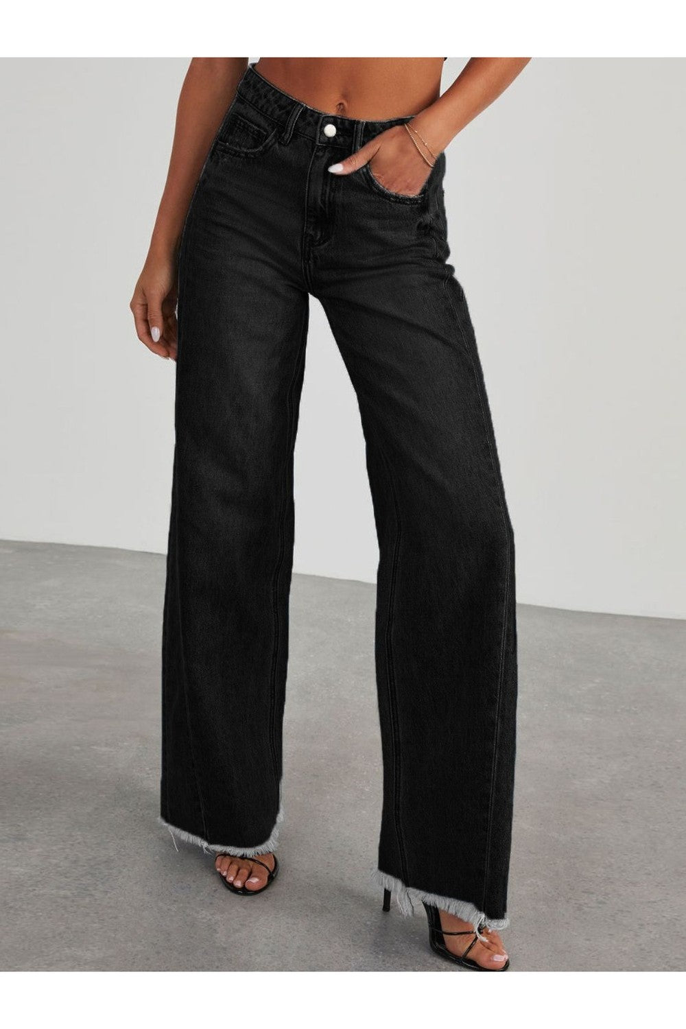 Raw Hem Wide Leg Jeans with Pockets - Jeans - FITGGINS