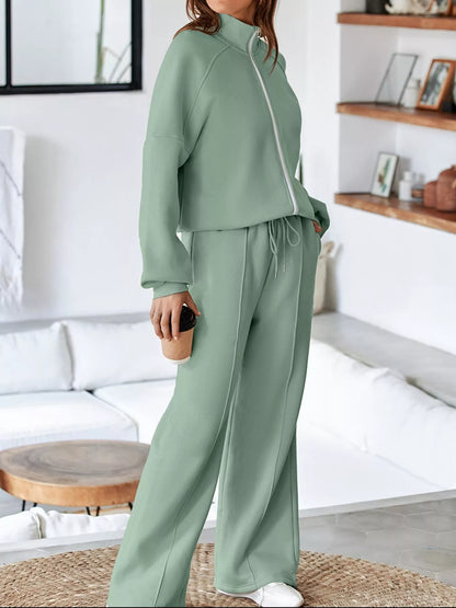 Drop Shoulder Zip Up Jacket and Drawstring Pants Active 2pcs Set Fitggins