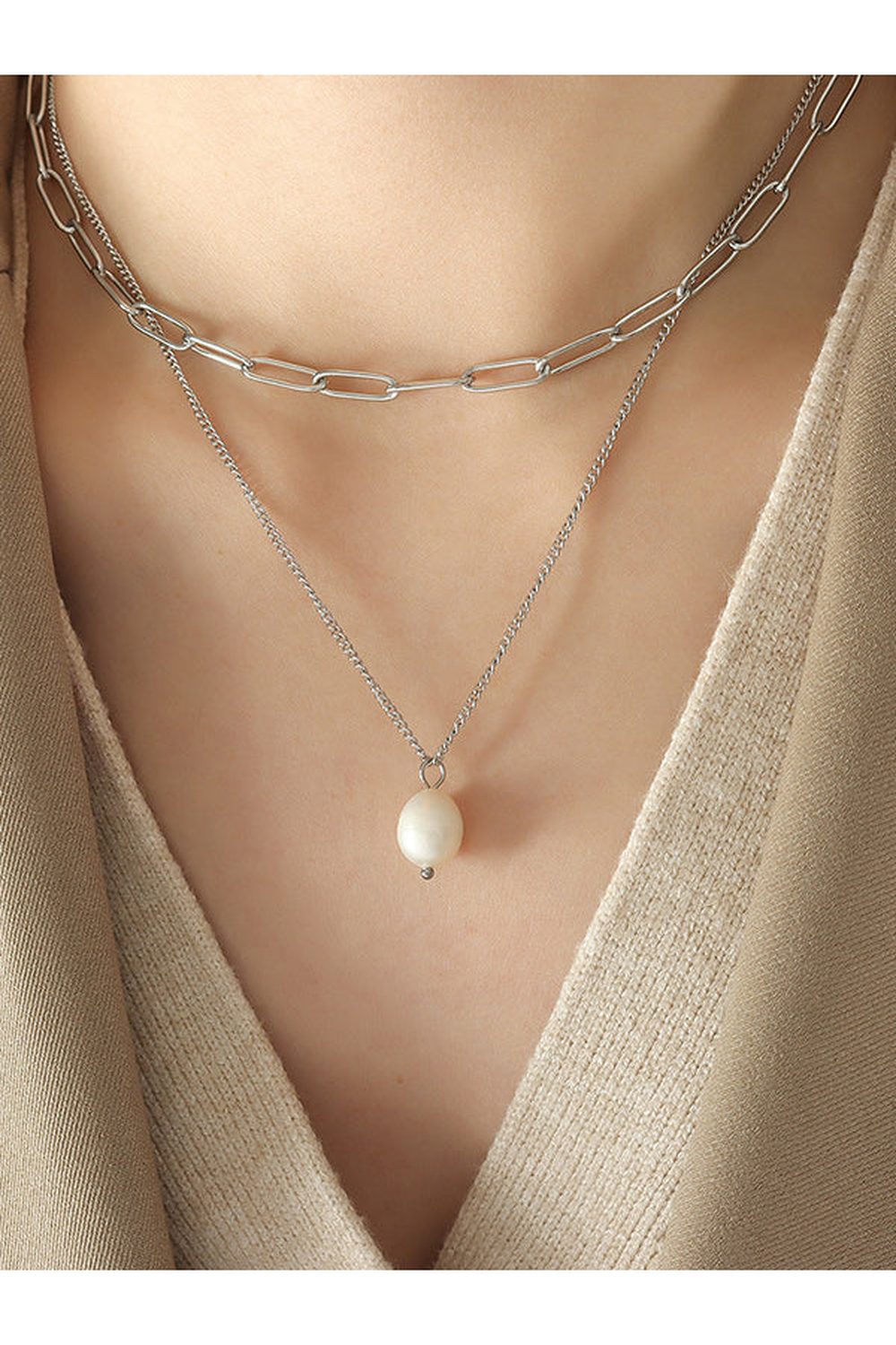 Freshwater Pearl Titanium Steel Double-Layered Necklace - Necklaces - FITGGINS