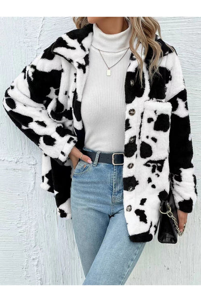 Cow Print Collared Neck Button Up Fuzzy Jacket - Jackets - FITGGINS