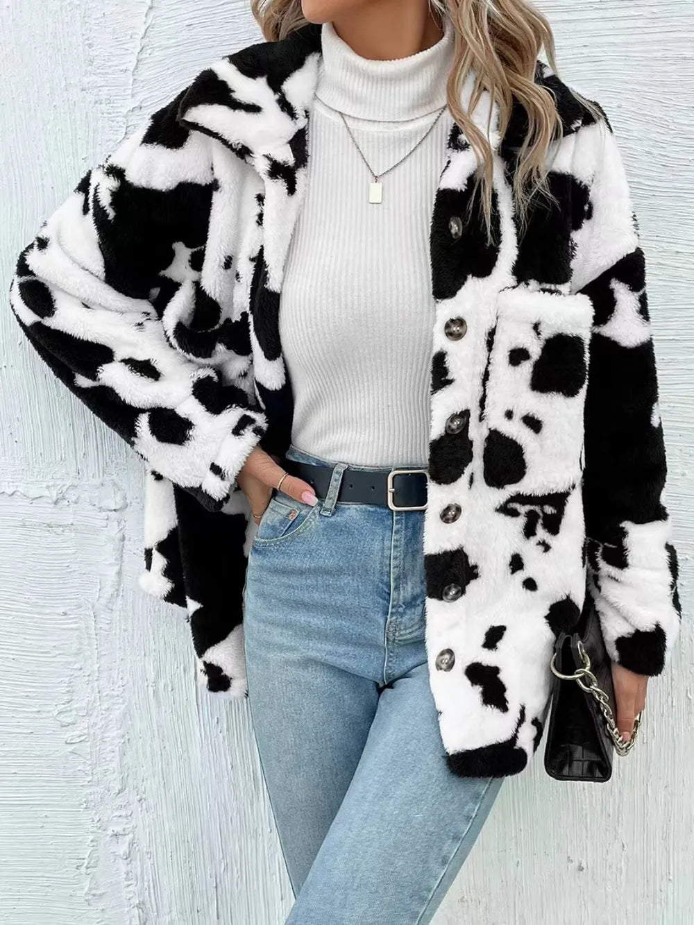Cow Print Collared Neck Button-Up Fuzzy Jacket White Fitggins