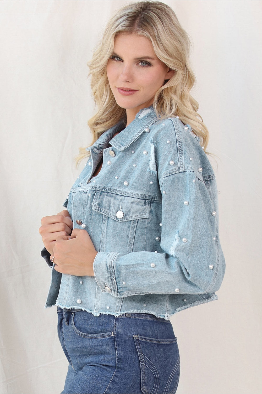 Distressed Pearl Trim Button Up Denim Jacket - Denim Jackets - FITGGINS