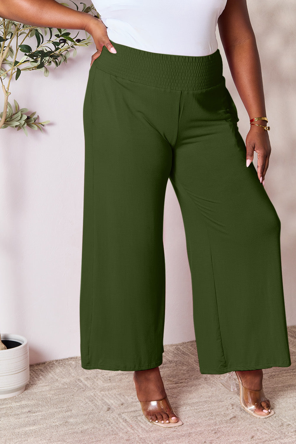 Double Take Full Size Smocked Wide Waistband Wide Leg Pants - Pants - FITGGINS