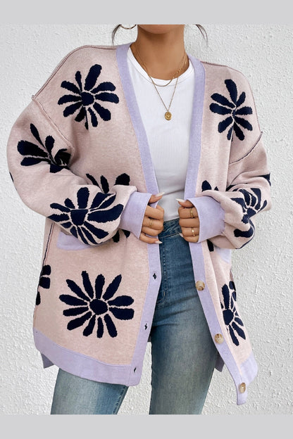 Contrast Dropped Shoulder Long Sleeve Cardigan - Cardigans - FITGGINS