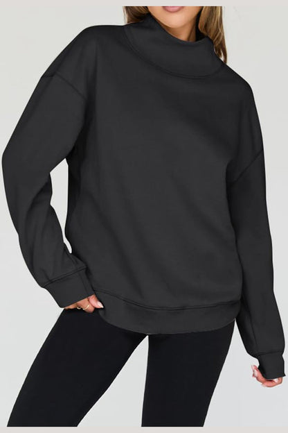 Mock Neck Drop Shoulder Long Sleeve Sweatshirt - Sweatshirts & Hoodies - FITGGINS