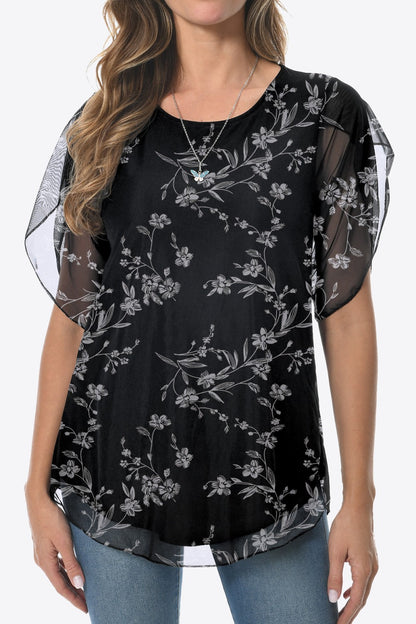 Printed Round Neck Curved Hem Blouse - Blouses - FITGGINS