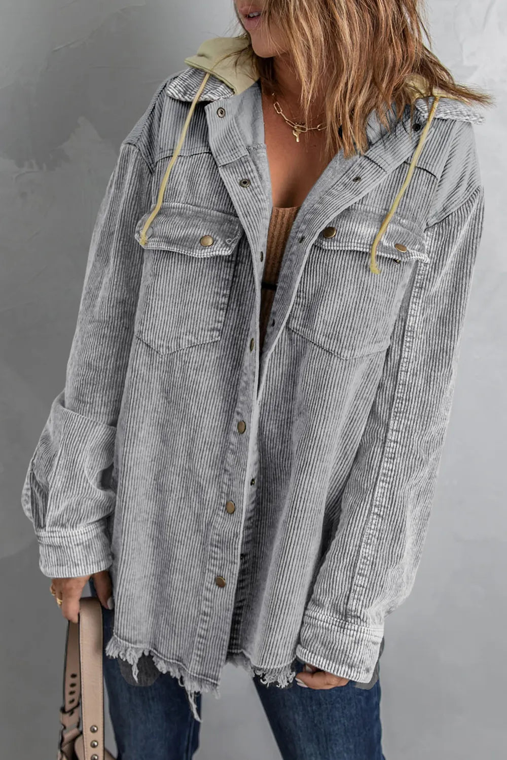 Snap Front Hooded Corduroy Shacket Fitggins