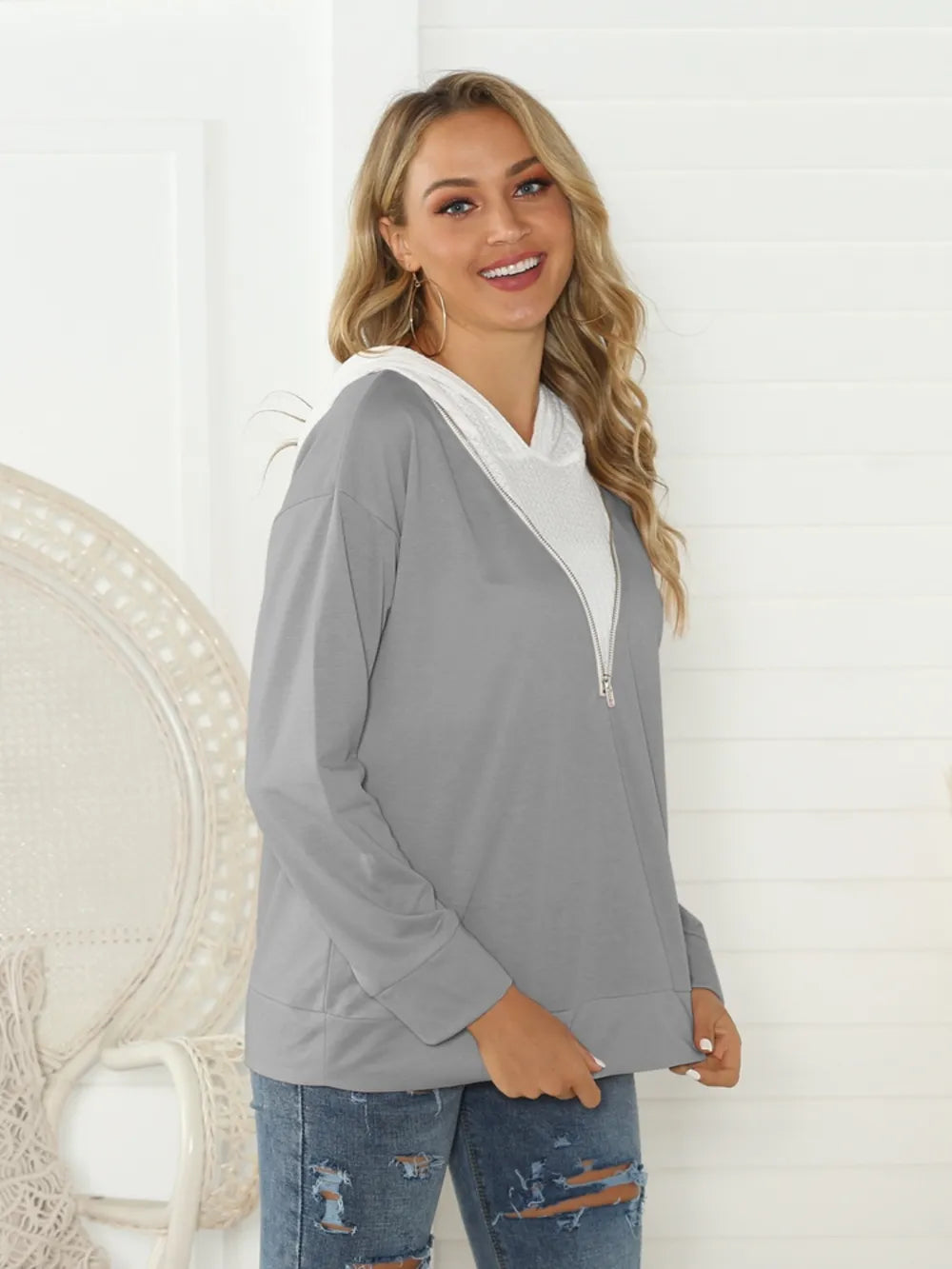 Shiny Contrast Zip Detail Hoodie Fitggins