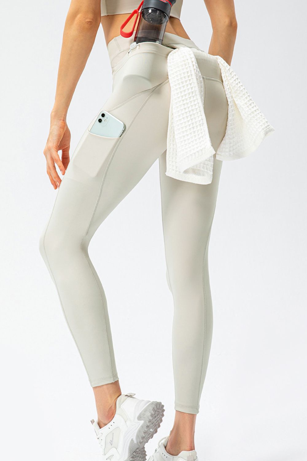 Full Size Slim Fit High Waist Long Sports Pants with Pockets Cream Fitggins