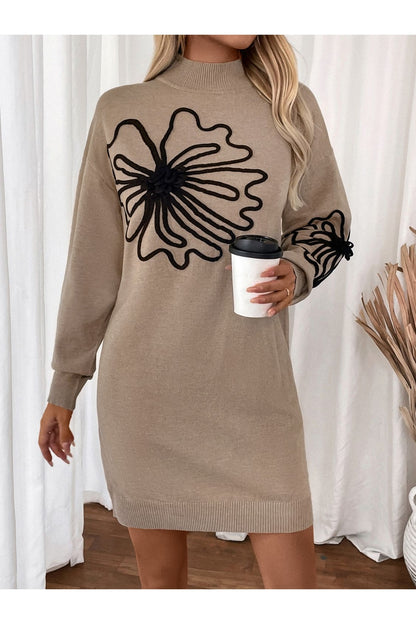 Perfee Flower Mock Neck Long Sleeve Sweater Dress - Sweater Dresses - FITGGINS