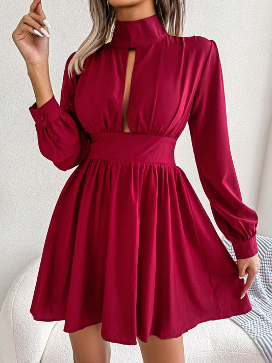 Cutout Turtleneck A-Line Mini Dress Red Fitggins