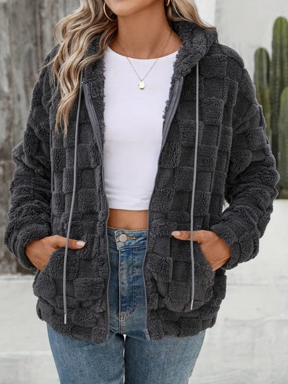 Checkered Texture Zip Up Drawstring Fuzzy Jacket Dark Gray Fitggins