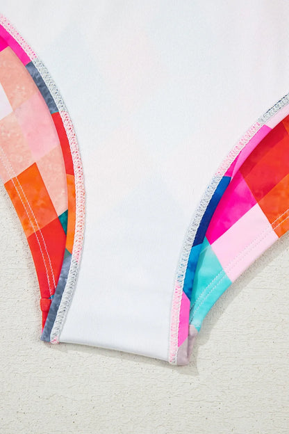 Multicolor Plaid Print Frill Backless One-Piece Swimwear Fitggins