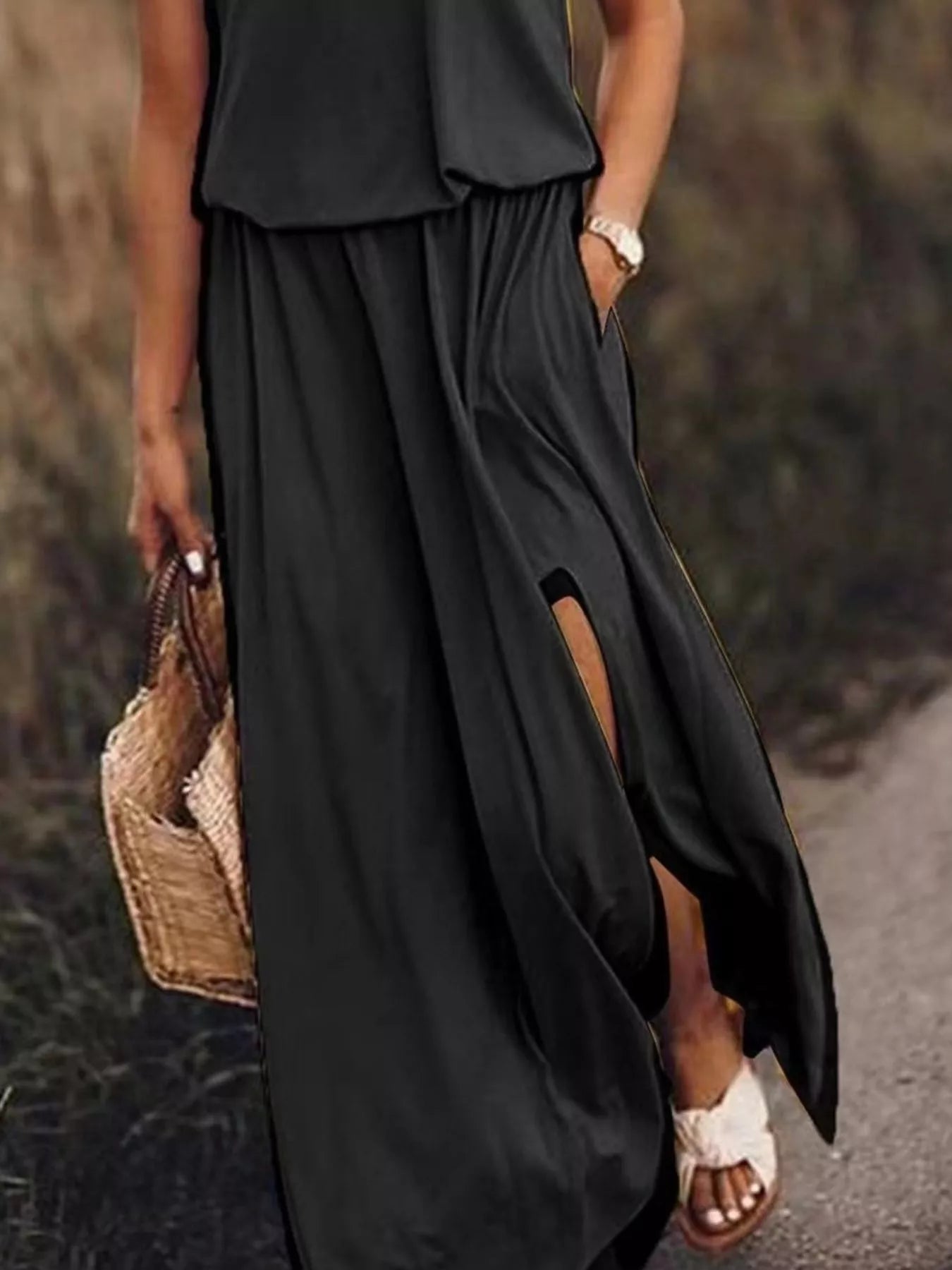 Full Size Round Neck Sleeveless Slit Maxi Dress Plus Size Fitggins