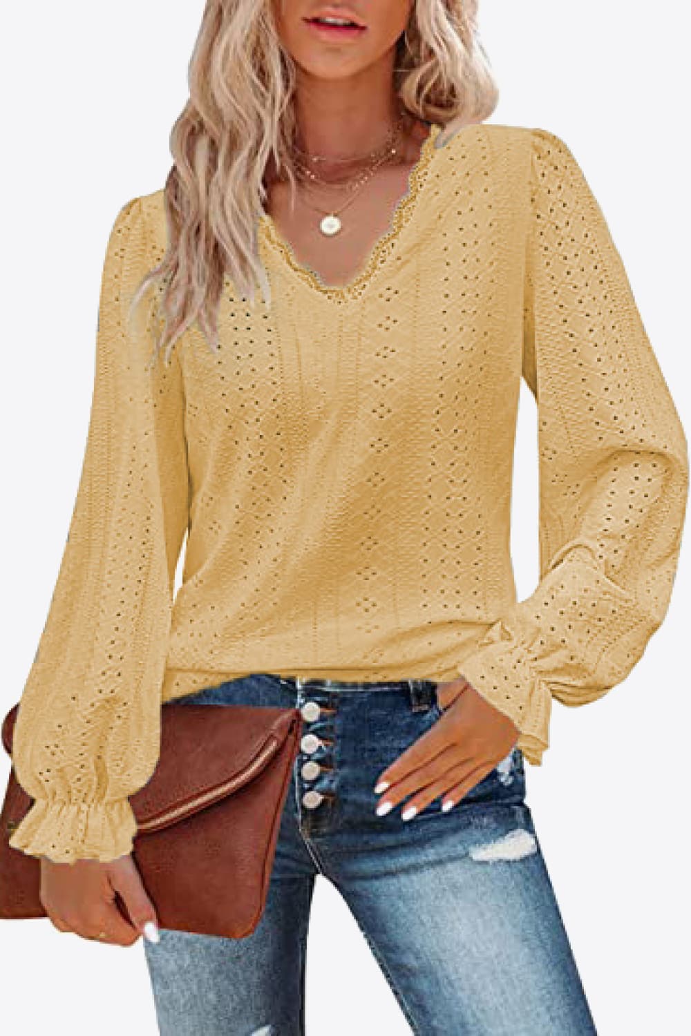 Eyelet V-Neck Flounce Sleeve Blouse Gold Fitggins
