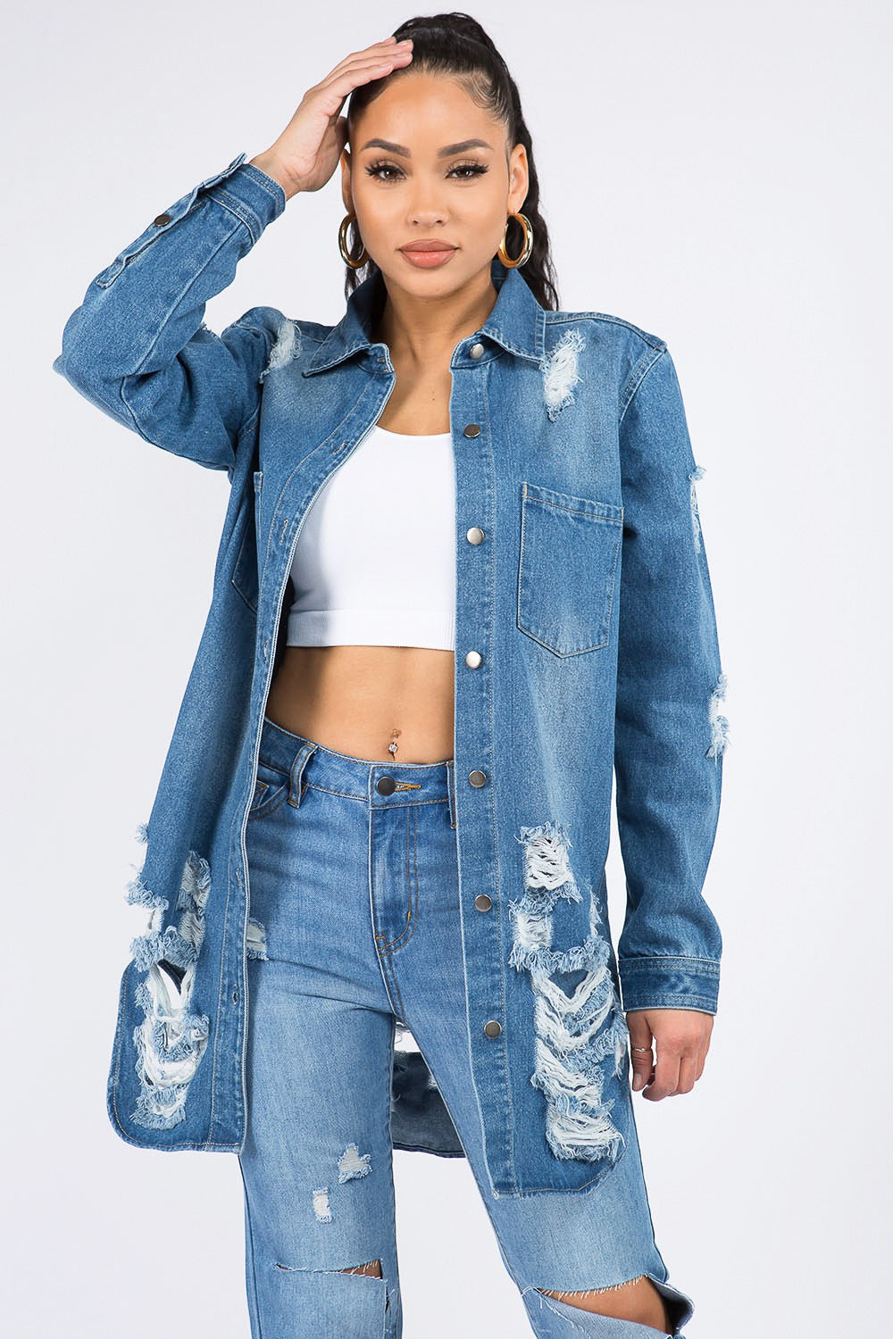 American Bazi Distressed Button Down Denim Shirt Jacket - Denim Jackets - FITGGINS