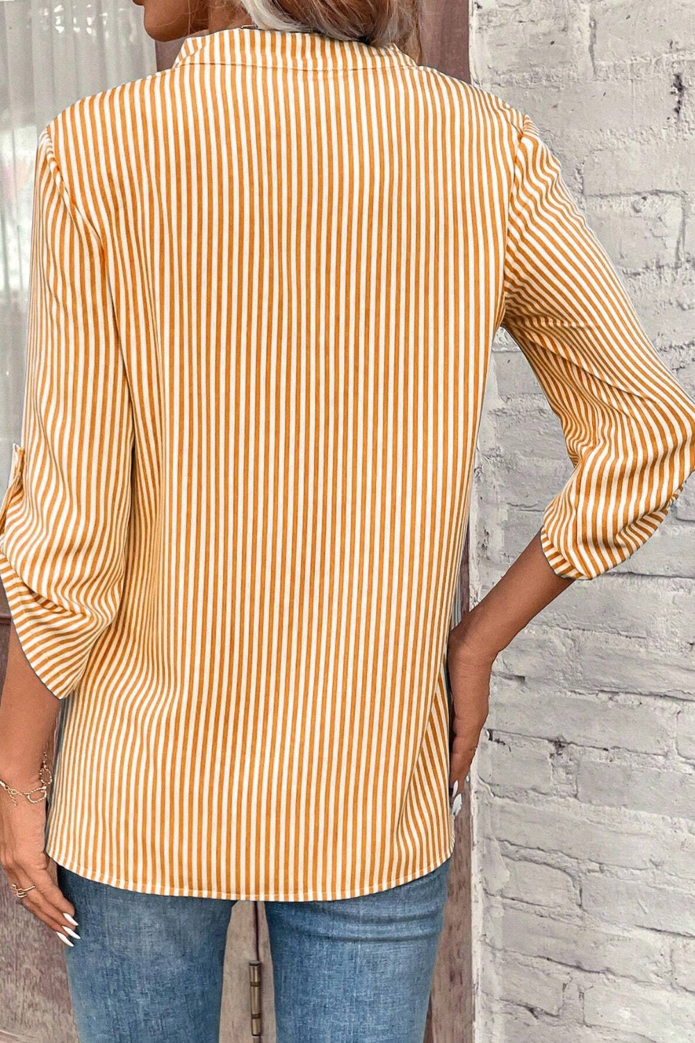 Striped Notched Roll-Tab Sleeve Shirt - Shirts - FITGGINS