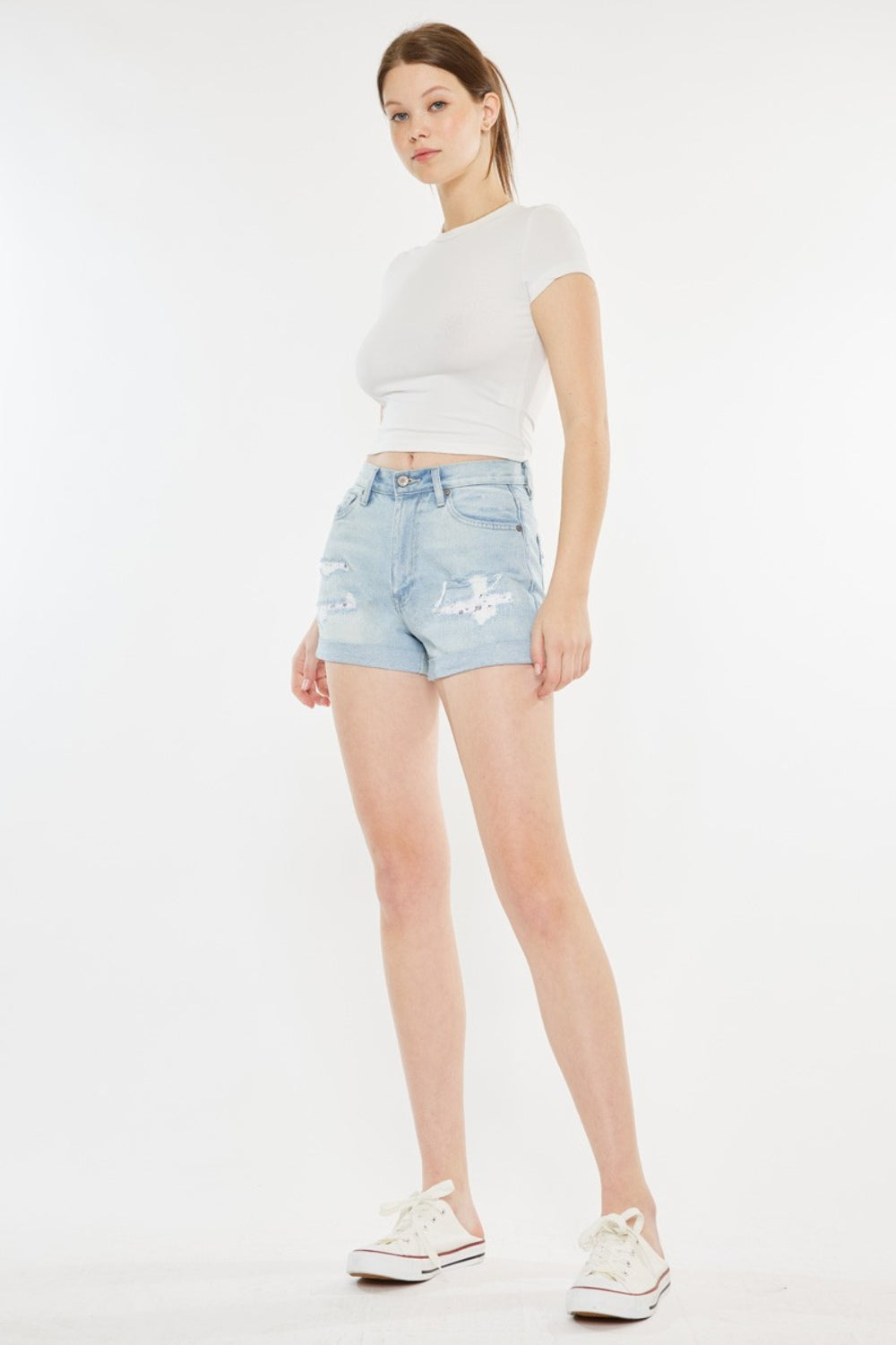 Kancan High Rise Repaired Mom Denim Shorts - Denim Shorts - FITGGINS