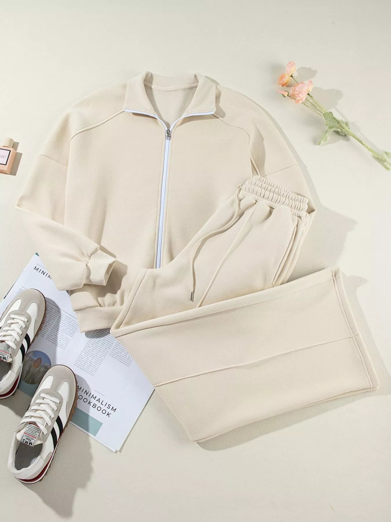 Drop Shoulder Zip Up Jacket and Drawstring Pants Active 2pcs Set Fitggins