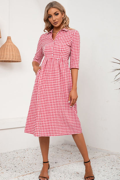 Ivy Lane Plaid Collared Neck Midi Dress Deep Red Fitggins