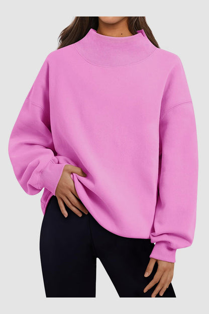 Mock Neck Drop Shoulder Long Sleeve Sweatshirt - Sweatshirts & Hoodies - FITGGINS