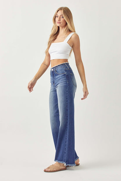 RISEN High Waist Raw Hem Wide Leg Jeans - Jeans - FITGGINS