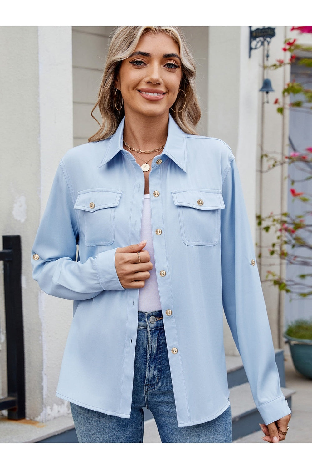 Solid Color Collared Neck Long Sleeve Shirt Light Blue Fitggins