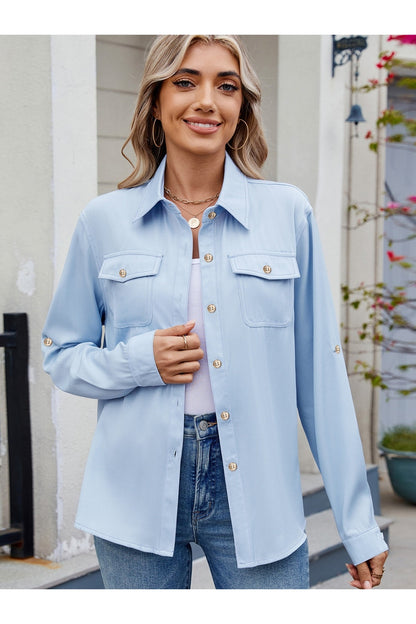 Solid Color Collared Neck Long Sleeve Shirt Light Blue Fitggins
