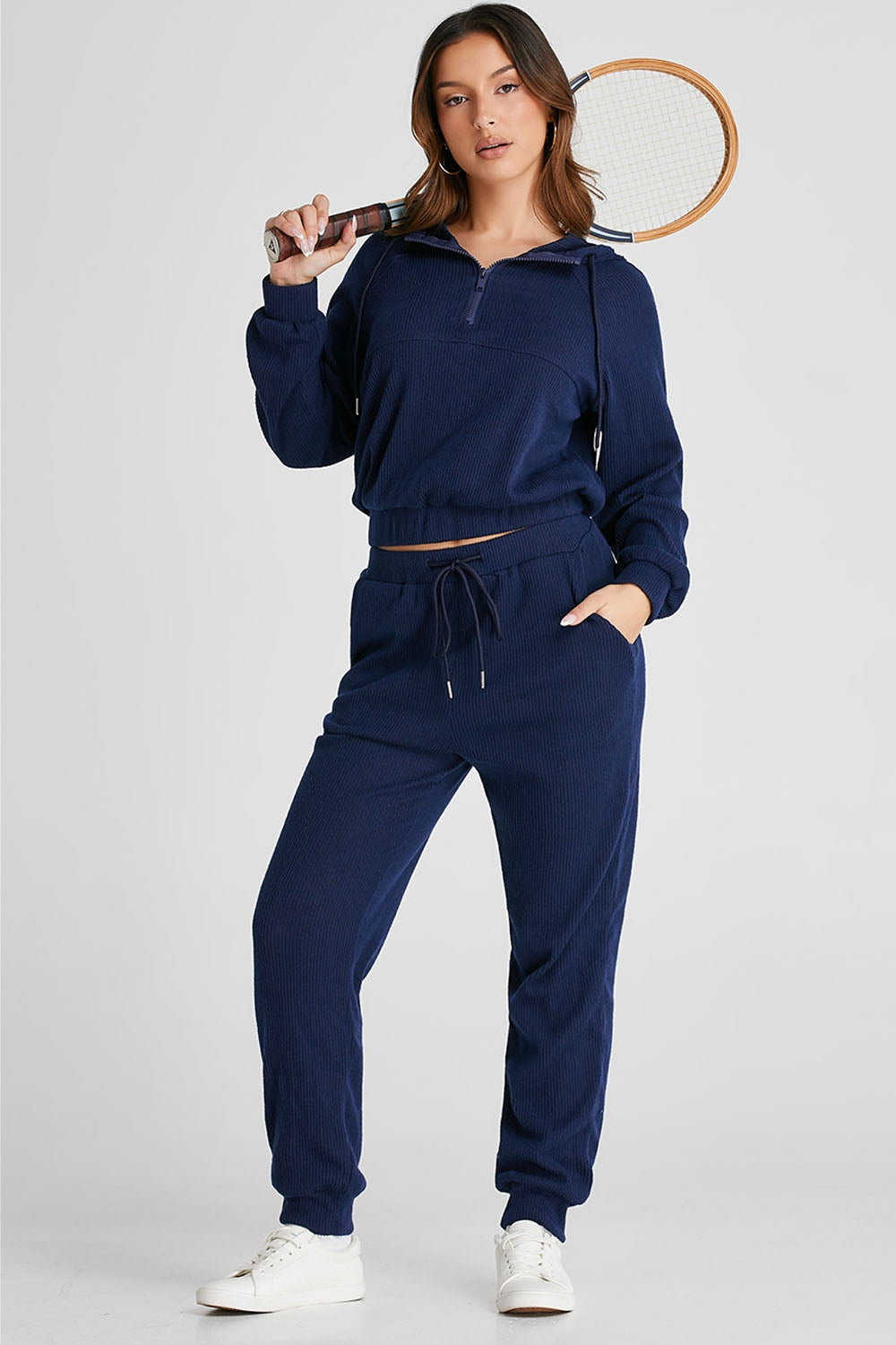 Drawstring Half Zip Hoodie and Joggers Active Set - Active Set - FITGGINS