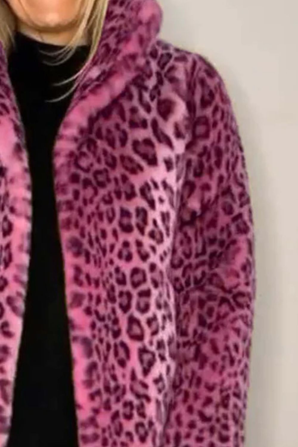 Full Size Leopard Furry Collared Neck Long Sleeve Coat - Jackets - FITGGINS