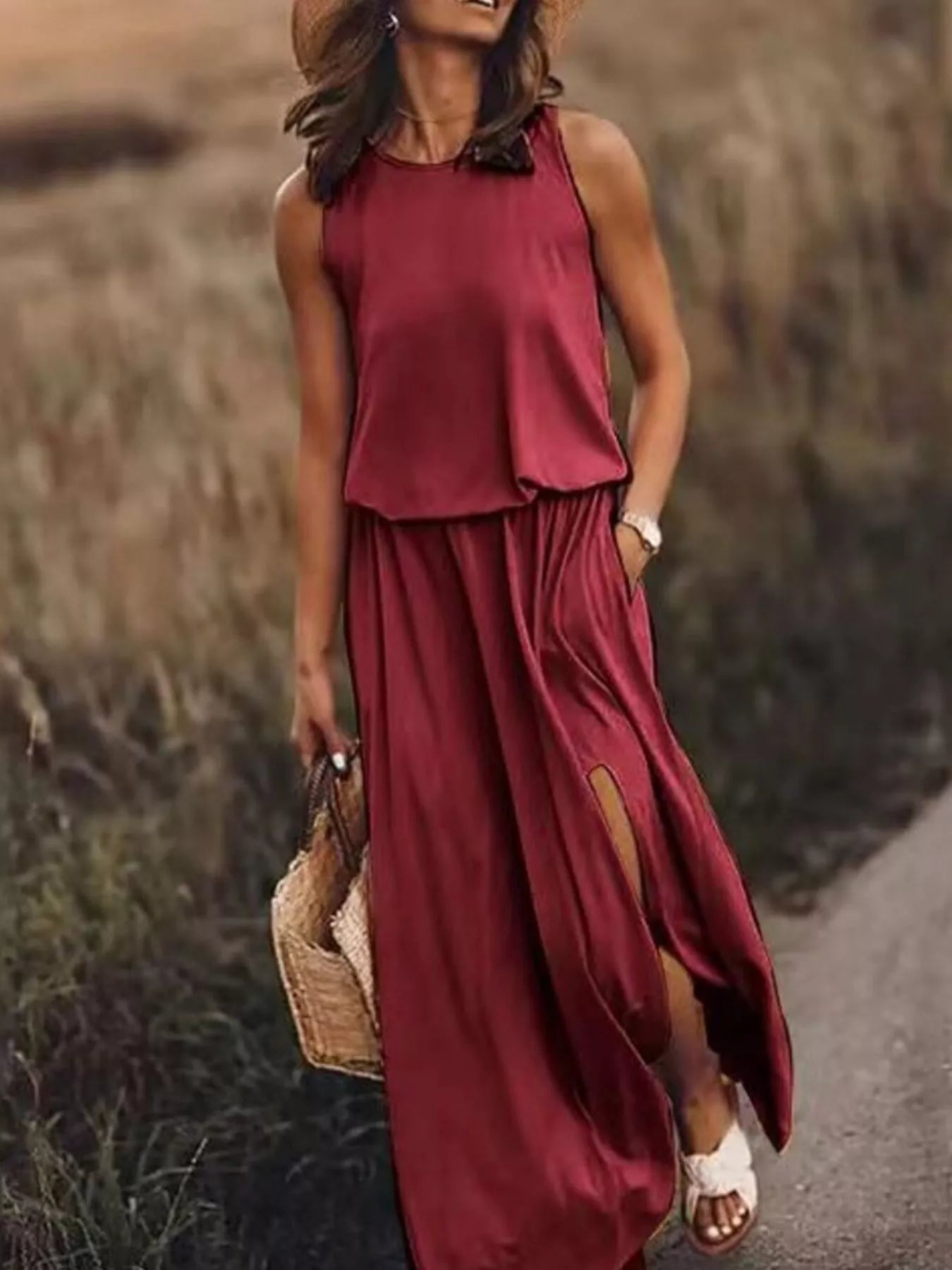 Full Size Round Neck Sleeveless Slit Maxi Dress Plus Size Burgundy Fitggins