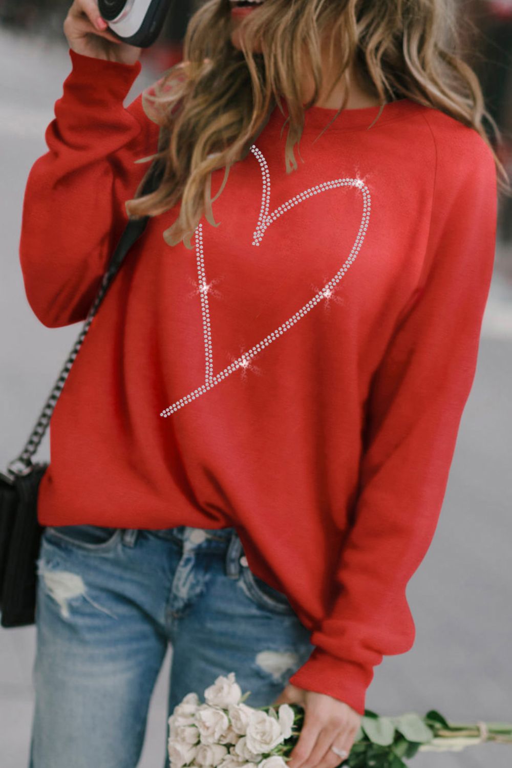 Valentine's Day Rhinestone Heart Long Sleeve Sweatshirt - Sweatshirts & Hoodies - FITGGINS