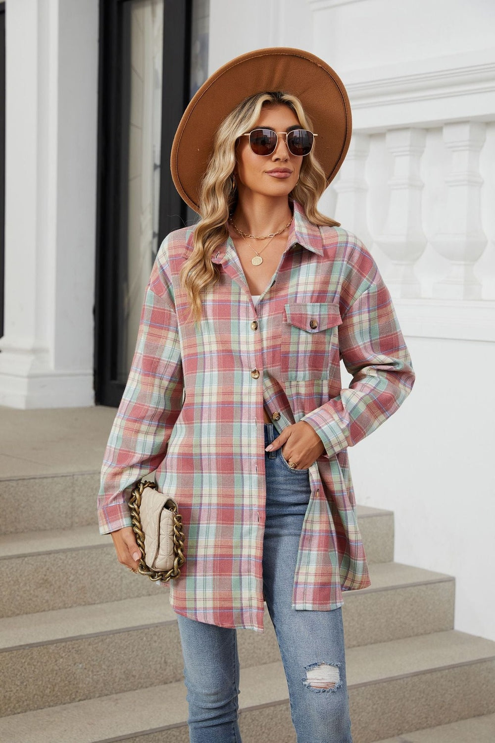 Plaid Collared Neck Long Sleeve Shirt - Shirts - FITGGINS