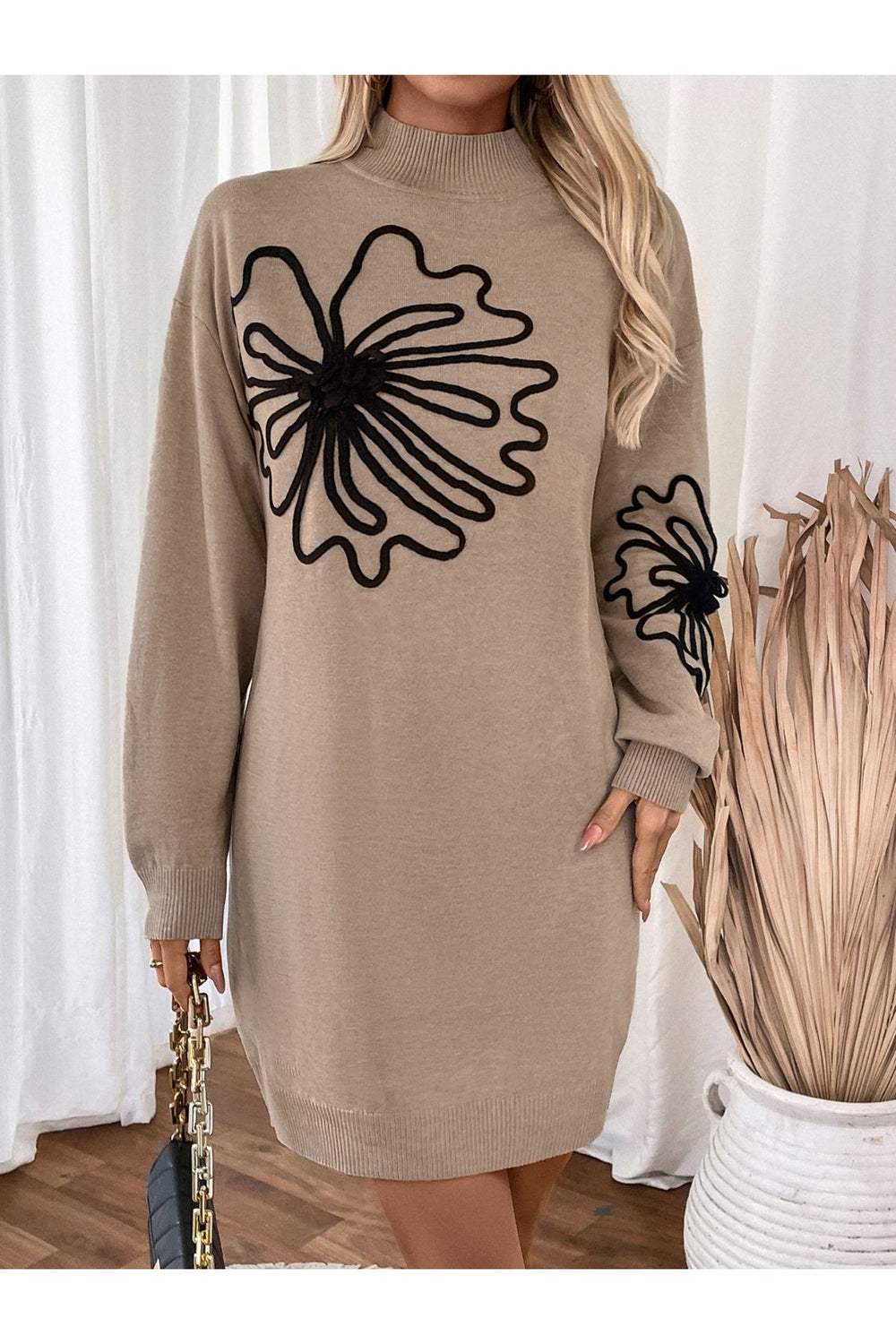 Perfee Flower Mock Neck Long Sleeve Sweater Dress - Sweater Dresses - FITGGINS