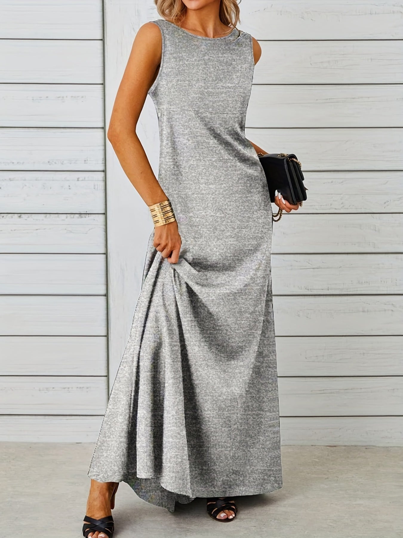 Sleeveless Flowy Maxi Dress Light Gray Fitggins