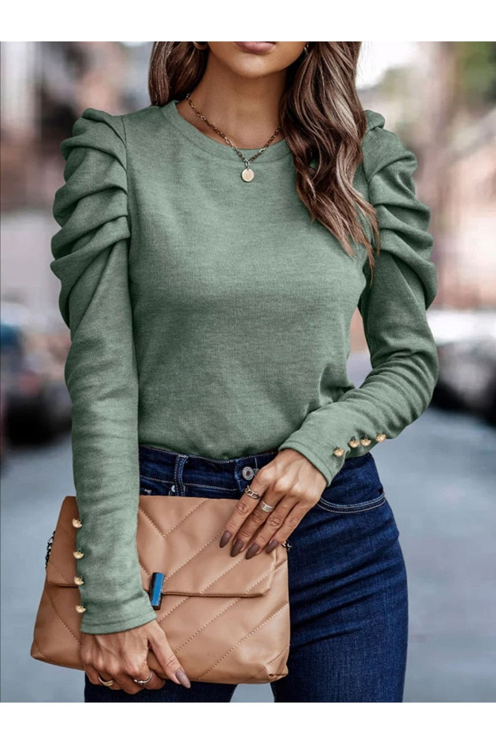 Round Neck Puff Sleeve Sleeve Blouse - Blouses - FITGGINS