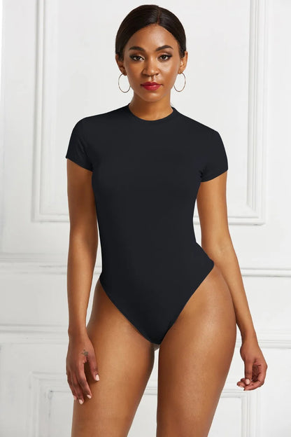 Round Neck Short Sleeve Bodysuit Black Fitggins