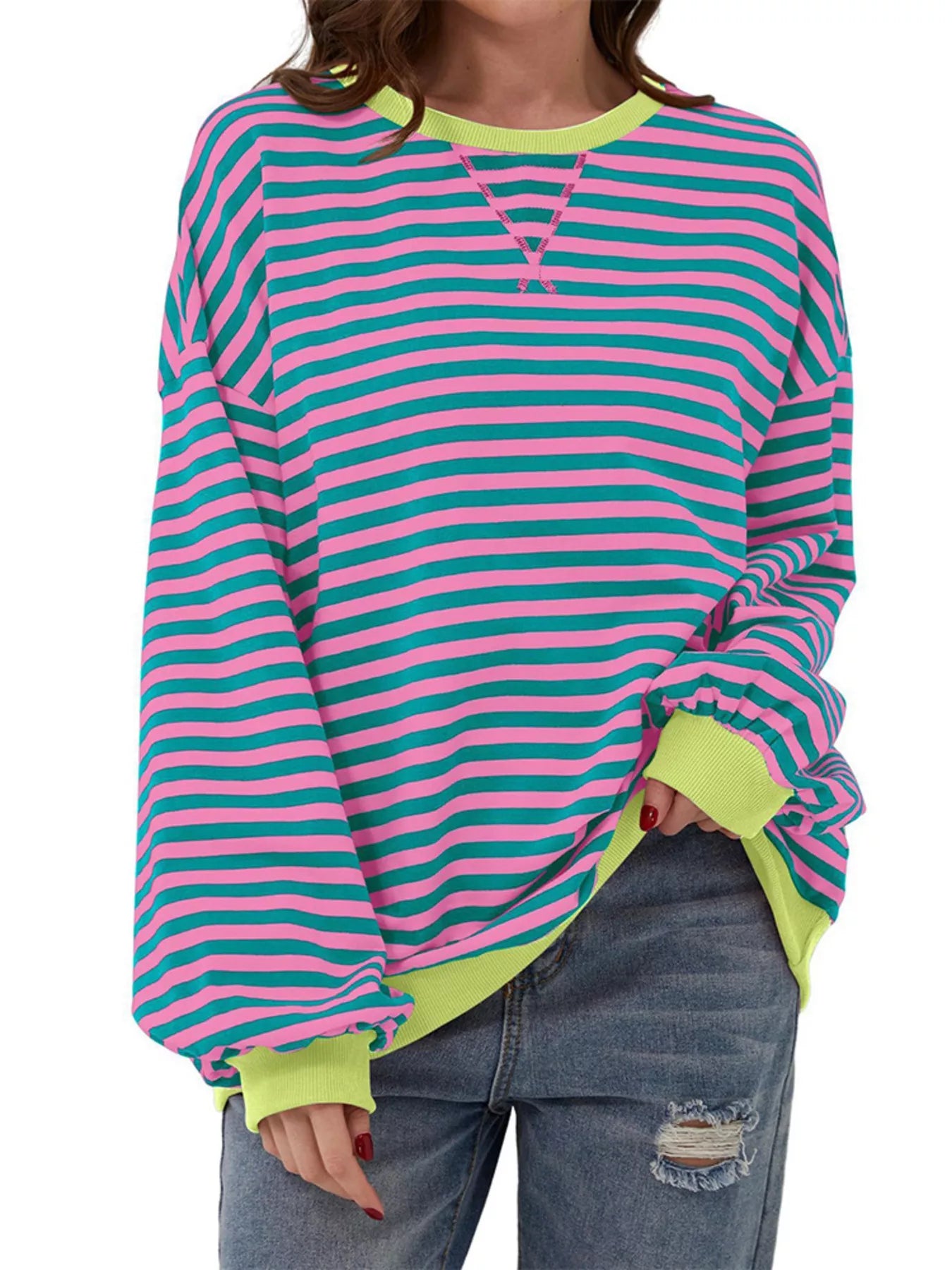 Striped Round Neck Dropped Shoulder Sweatshirt Rose Red + Dark Green Fitggins