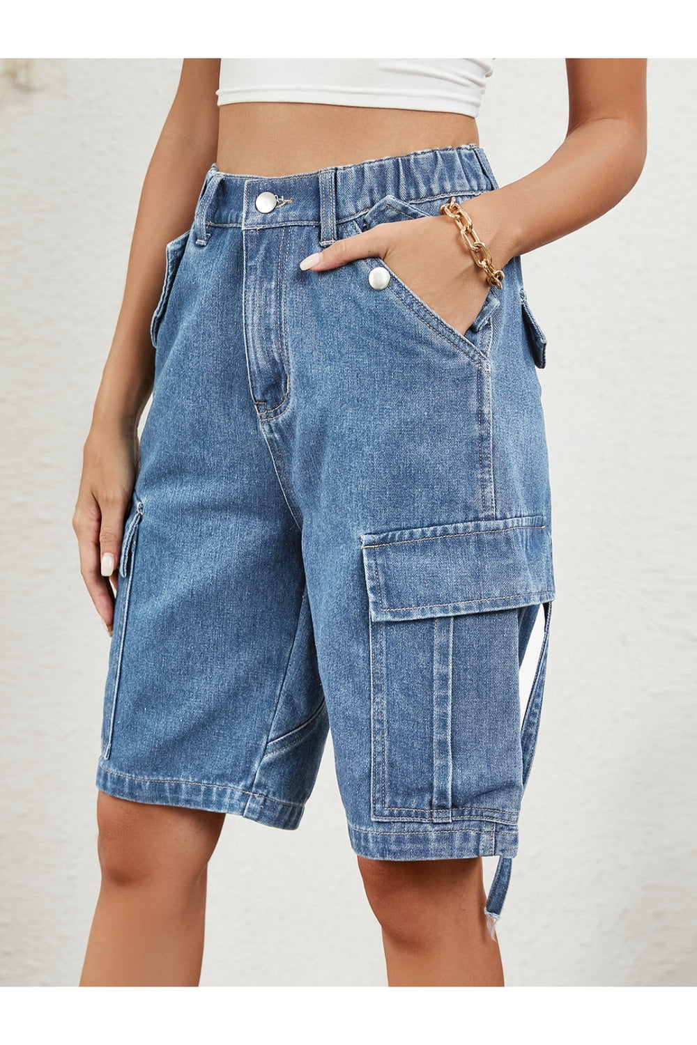 Buttoned Elastic Waist Denim Shorts with Pockets - Denim Shorts - FITGGINS